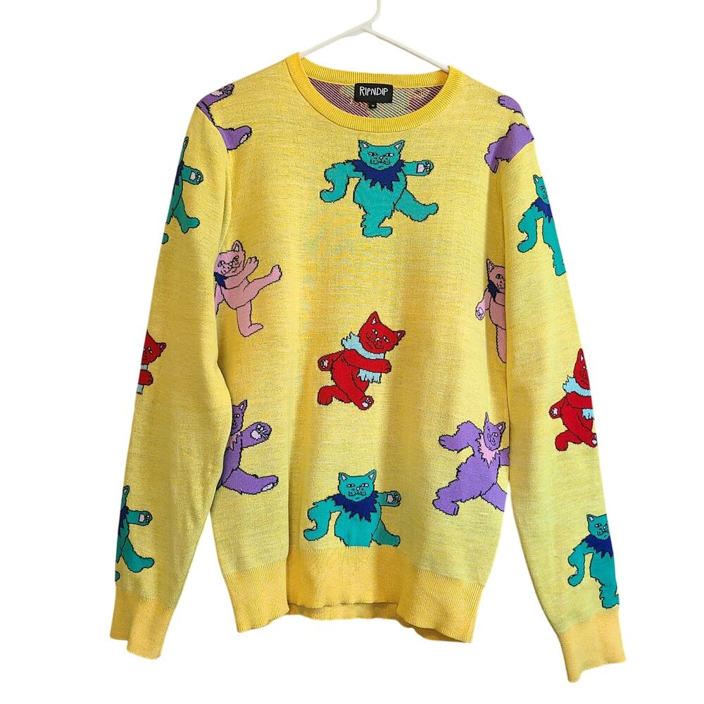 Ripndip Dancing Nerm Grateful Dead Sweater Mens M Yellow Colorful Cats Festival
